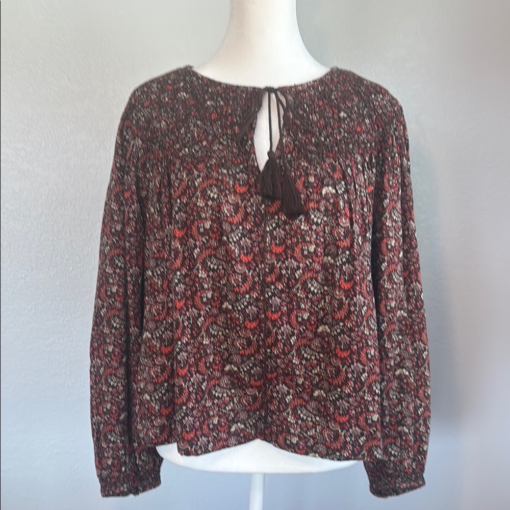 Lucky Brand Brown Smocked Puff Sleeve Blouse